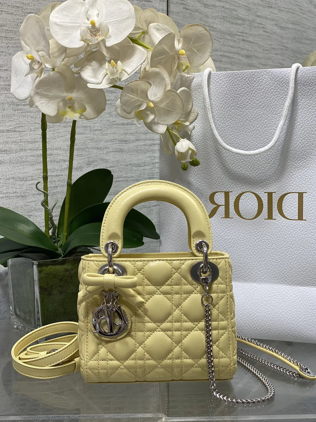 Mini Lady Dior Bag with Chain, M0505 Yellow Cannage Lambskin Silver