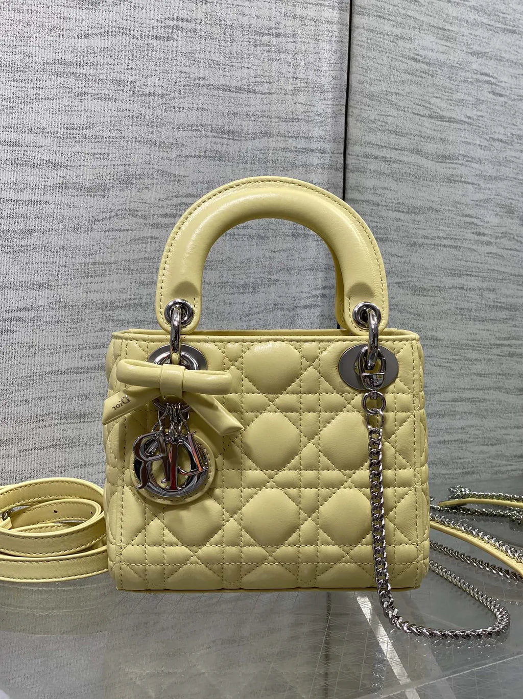 Mini Lady Dior Bag with Chain, M0505 Yellow Cannage Lambskin Silver