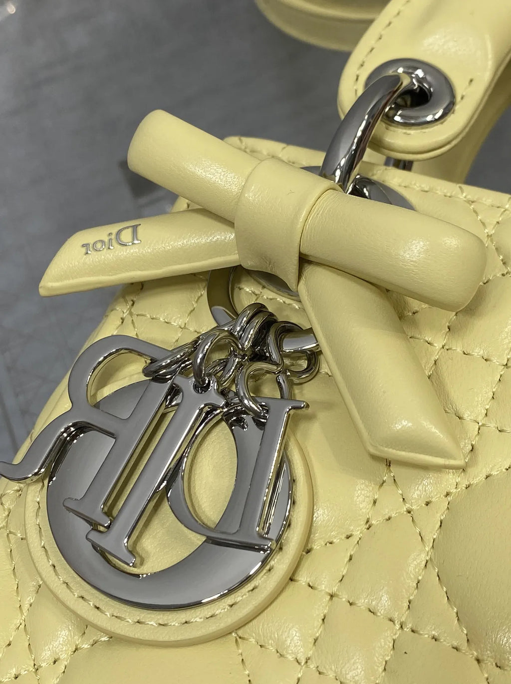 Mini Lady Dior Bag with Chain, M0505 Yellow Cannage Lambskin Silver