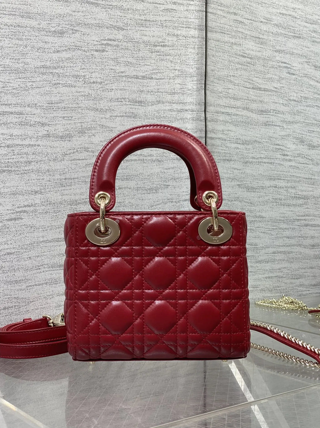 Mini Lady Dior Bag with Chain, M0505 Red Cannage Lambskin