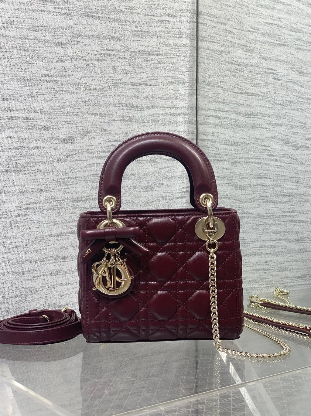 Mini Lady Dior Bag with Chain, M0505 Wine Red Cannage Lambskin