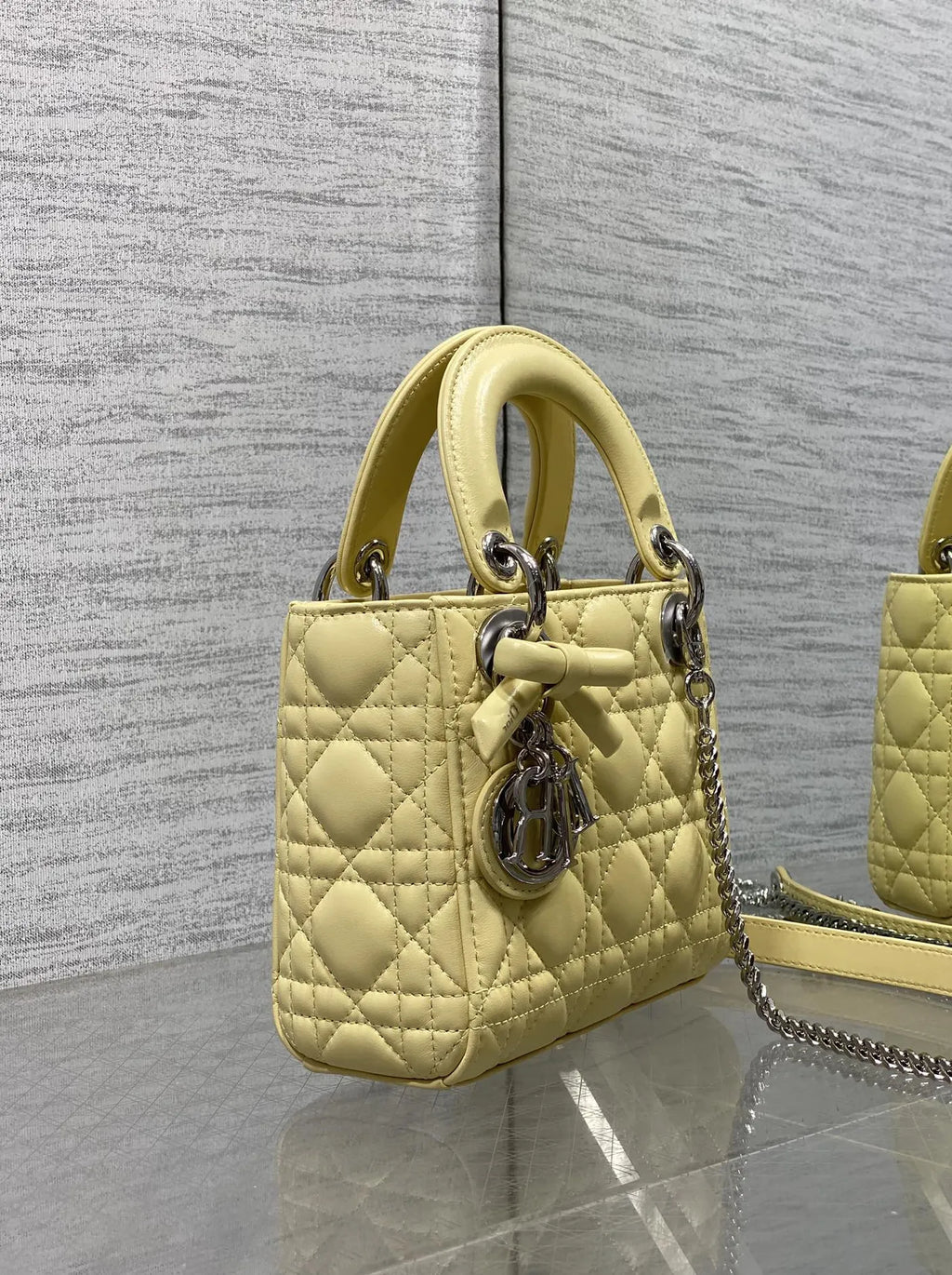 Mini Lady Dior Bag with Chain, M0505 Yellow Cannage Lambskin Silver
