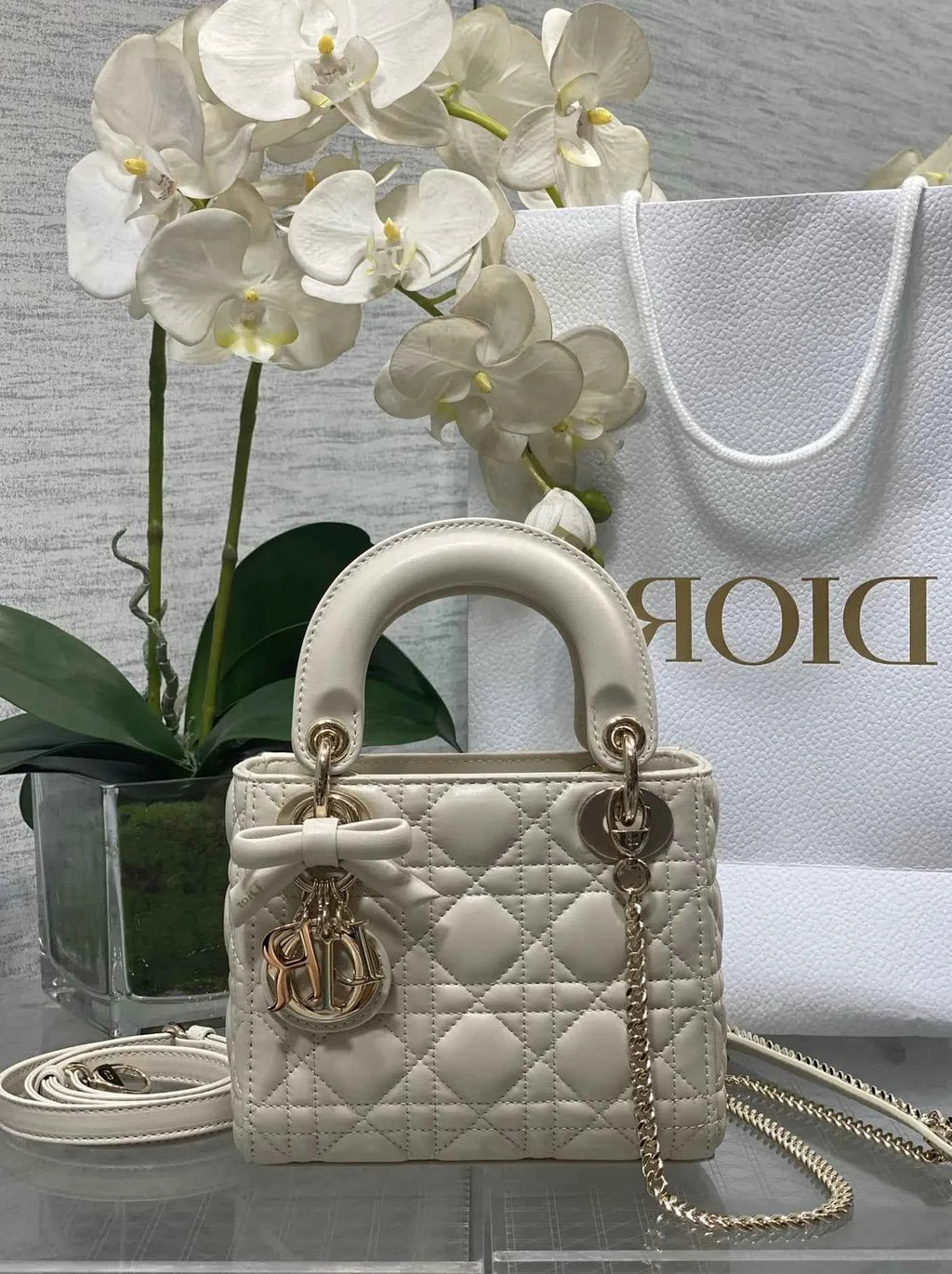 Mini Lady Dior Bag with Chain, M0505 Beige Cannage Lambskin