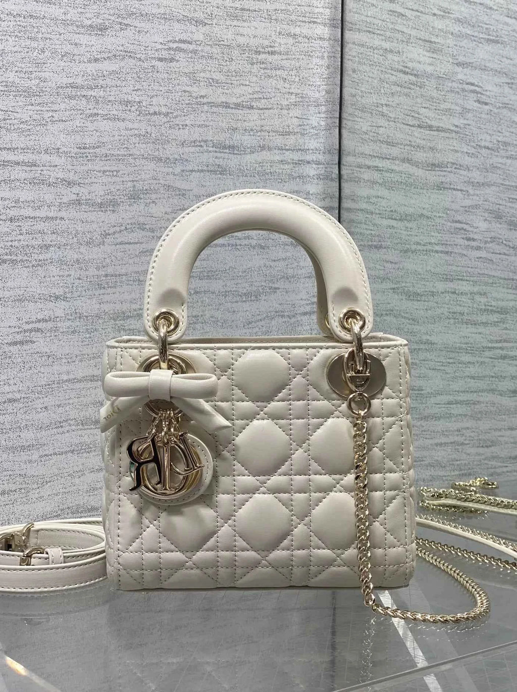 Mini Lady Dior Bag with Chain, M0505 Beige Cannage Lambskin