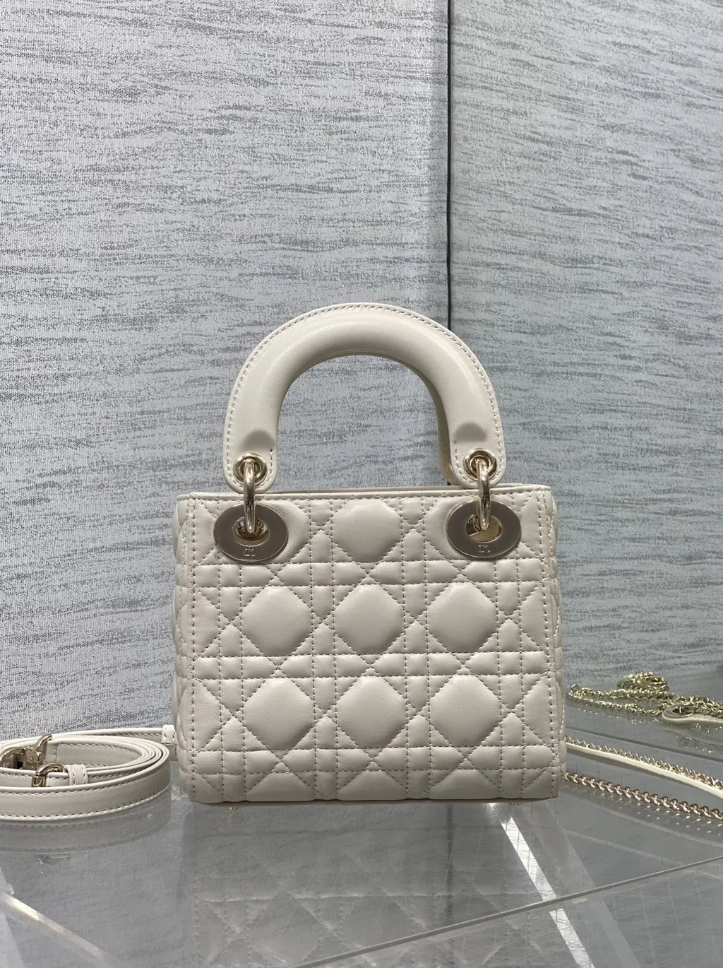 Mini Lady Dior Bag with Chain, M0505 Beige Cannage Lambskin