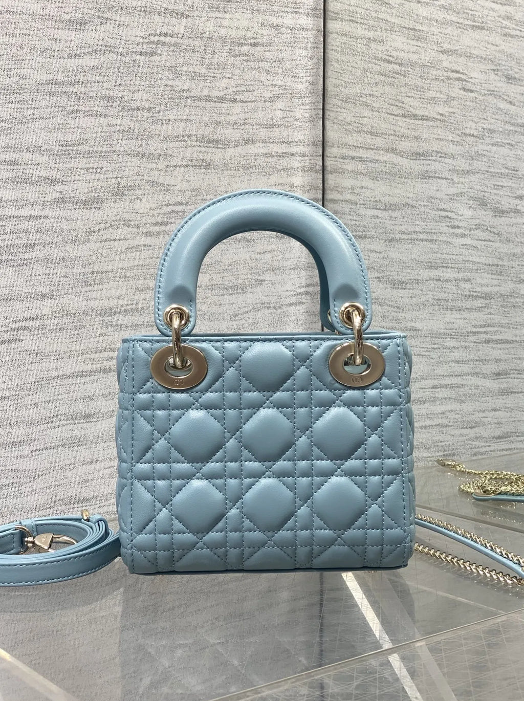 Mini Lady Dior Bag with Chain, M0505 Blue Cannage Lambskin Gold