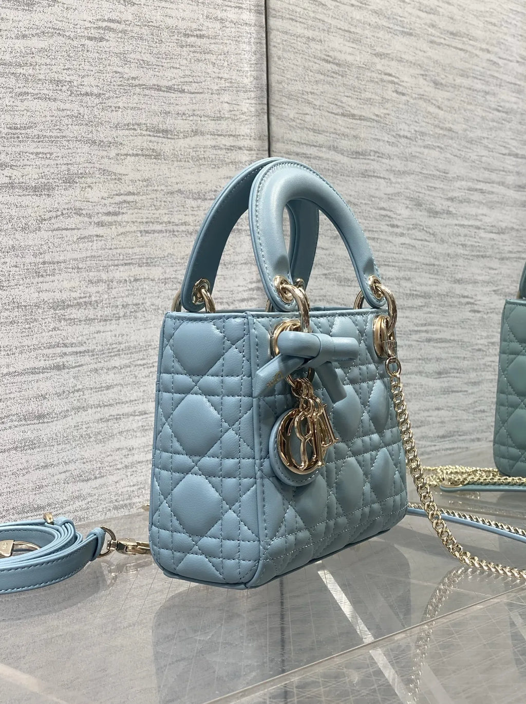 Mini Lady Dior Bag with Chain, M0505 Blue Cannage Lambskin Gold