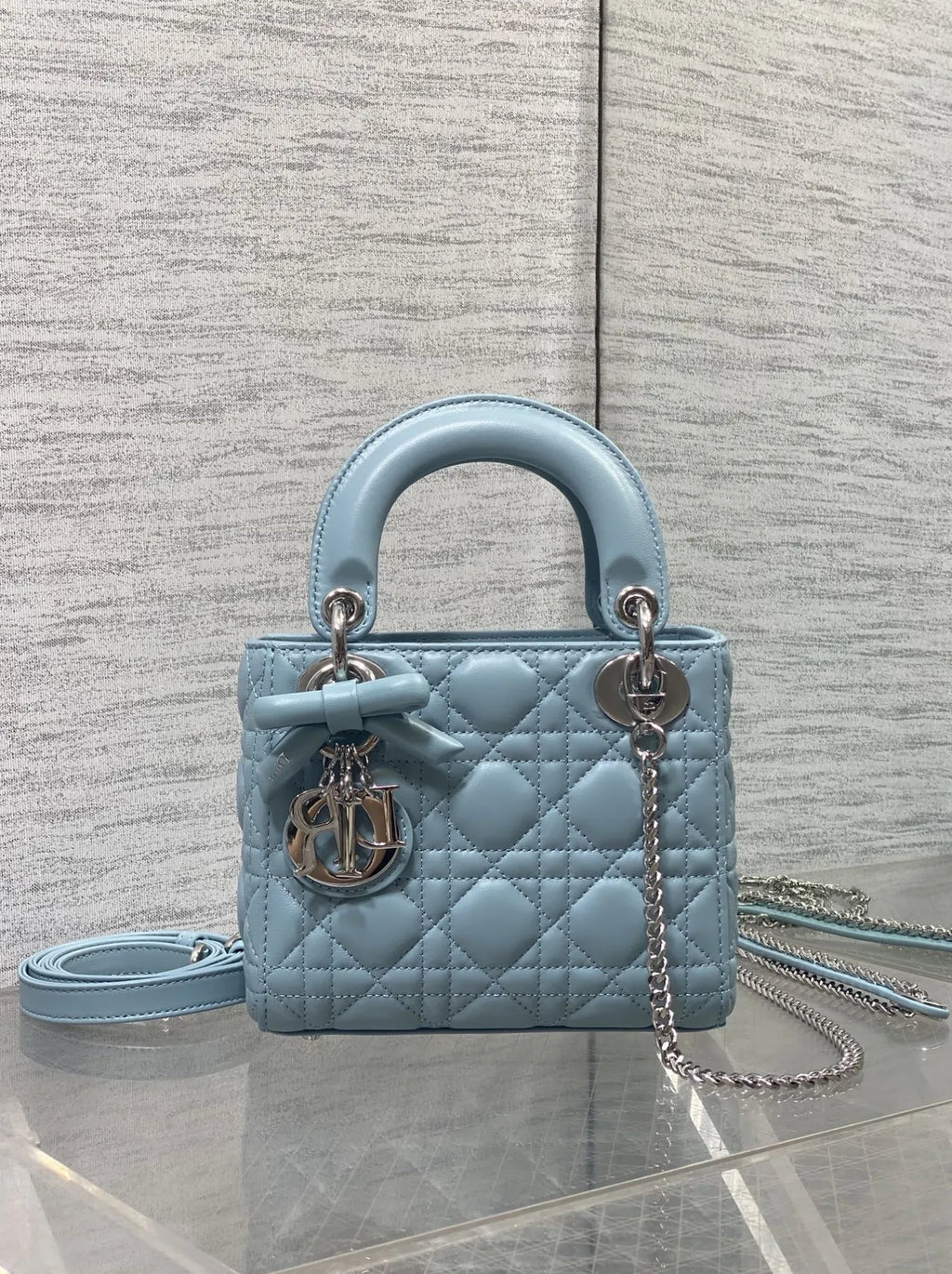 Mini Lady Dior Bag with Chain, M0505 Blue Cannage Lambskin Silver