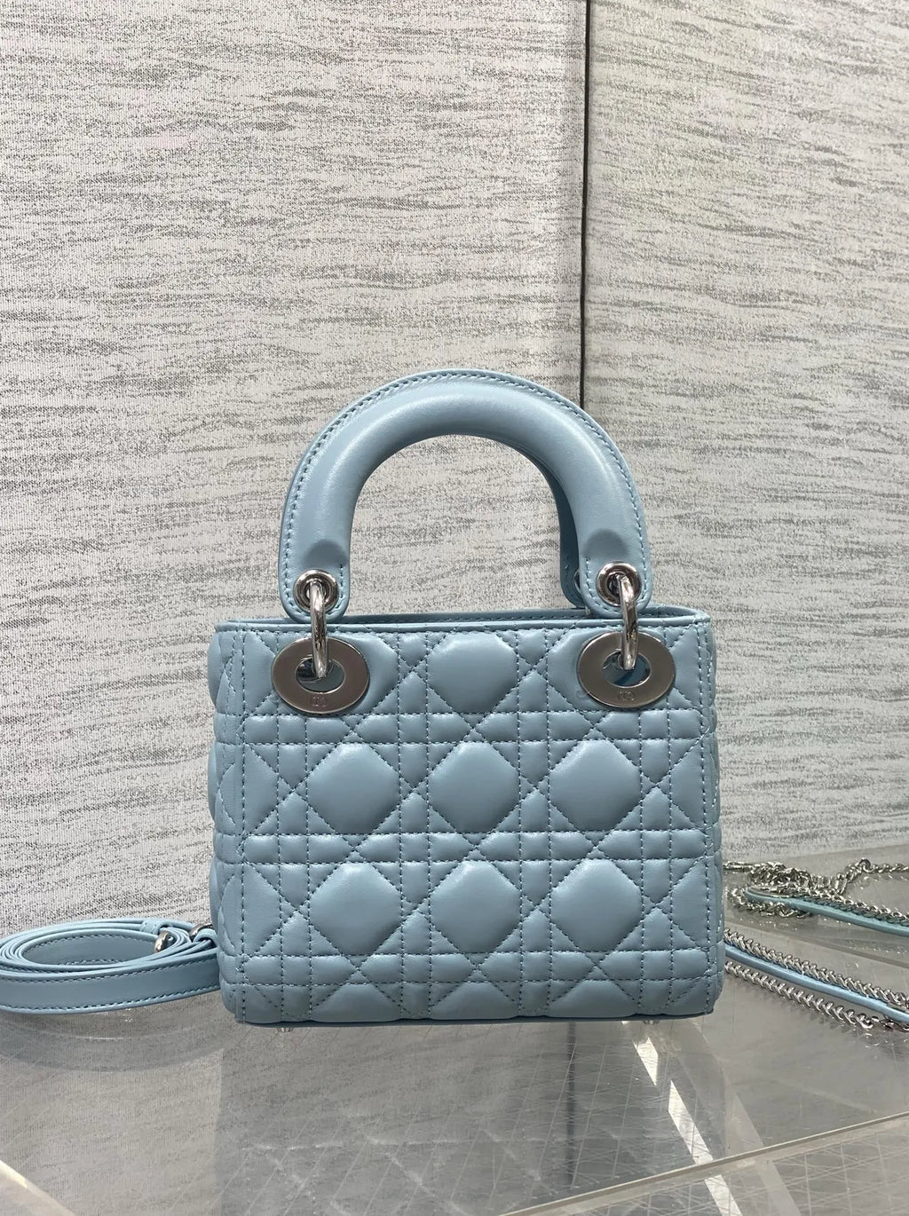 Mini Lady Dior Bag with Chain, M0505 Blue Cannage Lambskin Silver