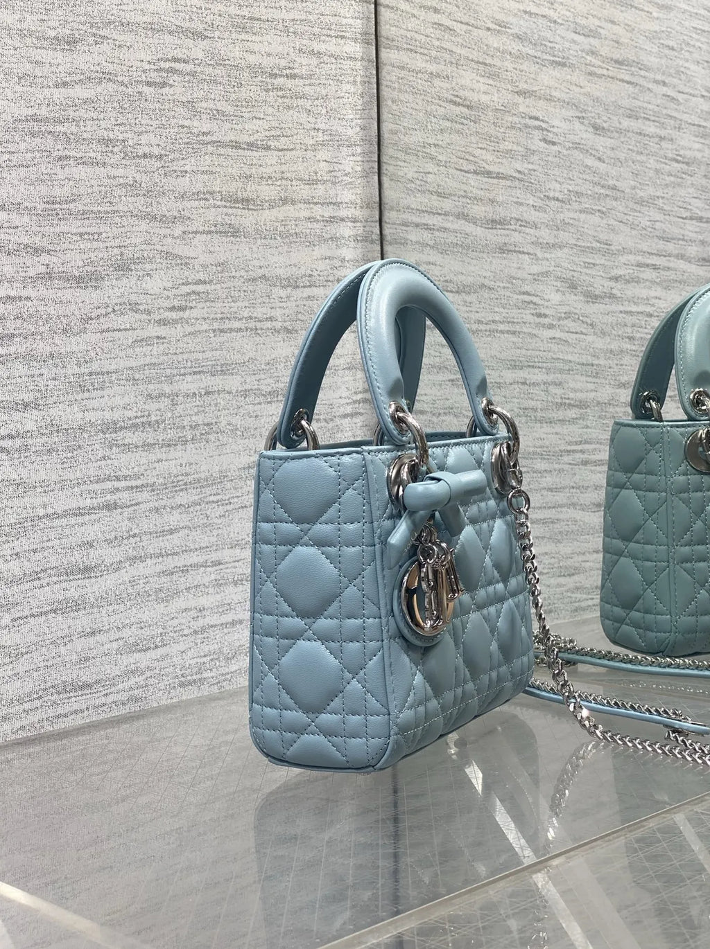 Mini Lady Dior Bag with Chain, M0505 Blue Cannage Lambskin Silver