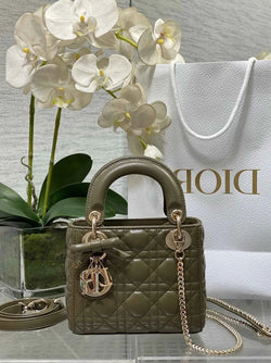 Mini Lady Dior Bag with Chain, M0505 Dark Green Cannage Lambskin