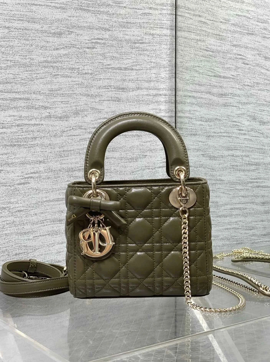 Mini Lady Dior Bag with Chain, M0505 Dark Green Cannage Lambskin