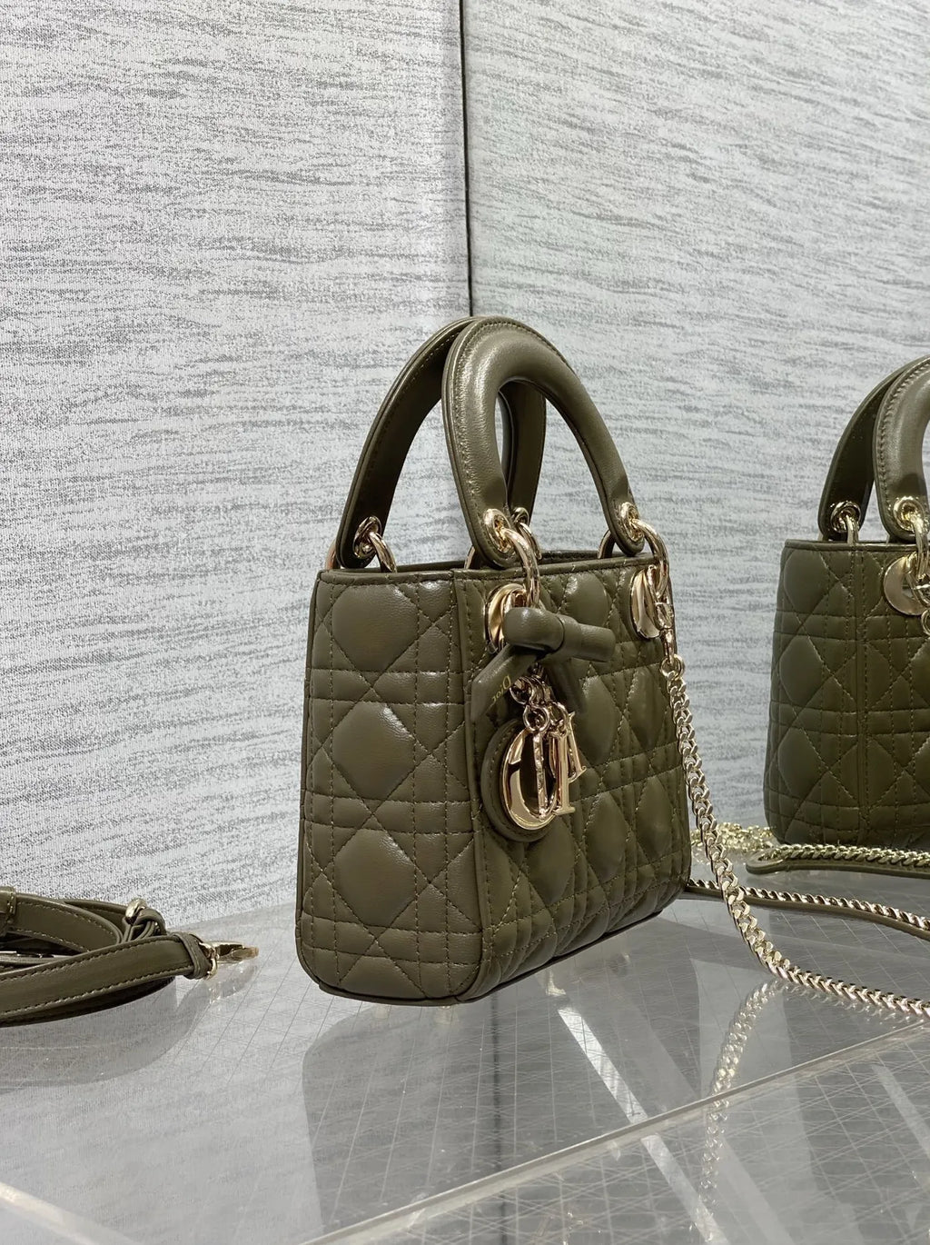 Mini Lady Dior Bag with Chain, M0505 Dark Green Cannage Lambskin