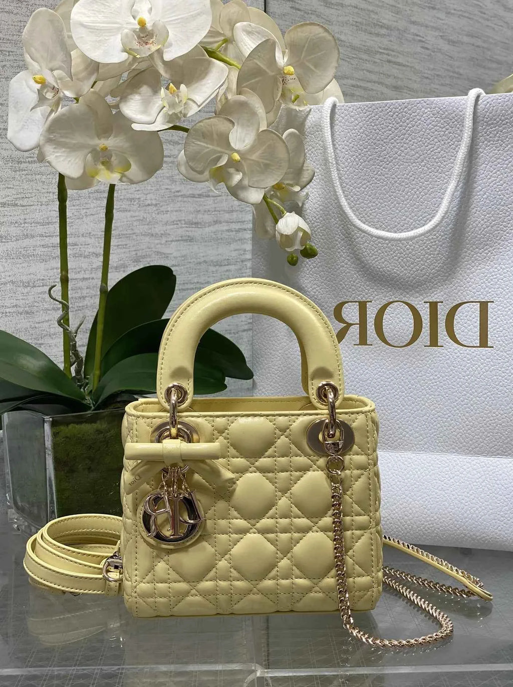 Mini Lady Dior Bag with Chain, M0505 Yellow Cannage Lambskin Gold