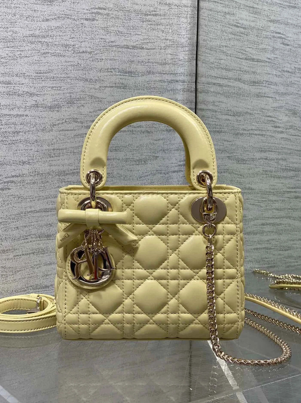 Mini Lady Dior Bag with Chain, M0505 Yellow Cannage Lambskin Gold