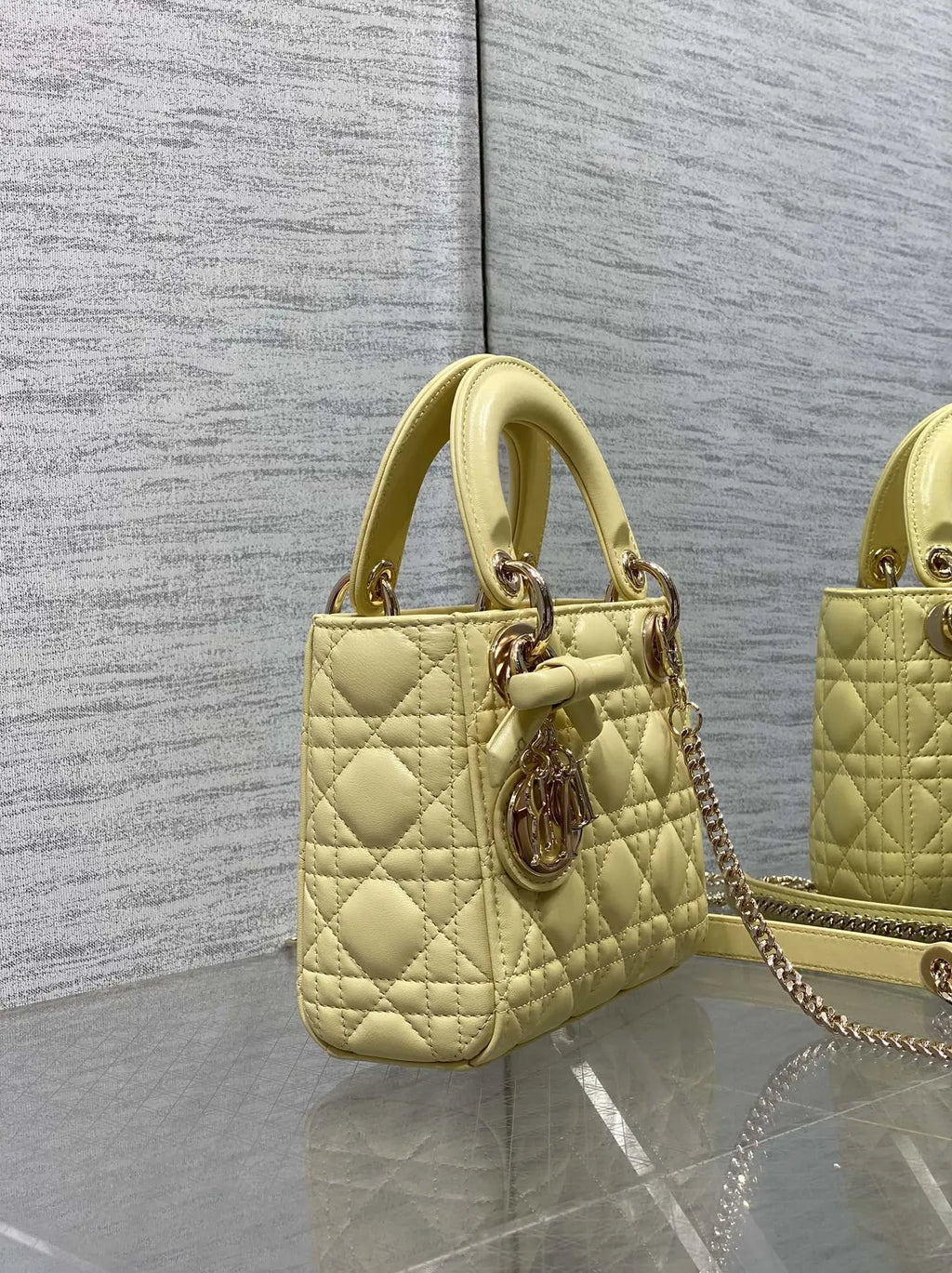 Mini Lady Dior Bag with Chain, M0505 Yellow Cannage Lambskin Gold