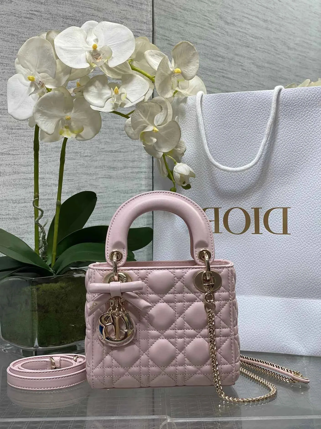Mini Lady Dior Bag with Chain, M0505 Light Pink Cannage Lambskin