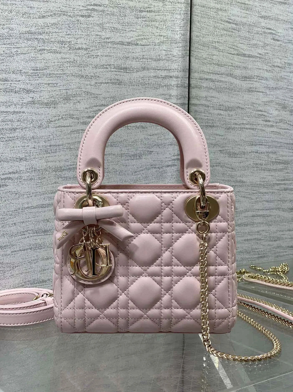 Mini Lady Dior Bag with Chain, M0505 Light Pink Cannage Lambskin