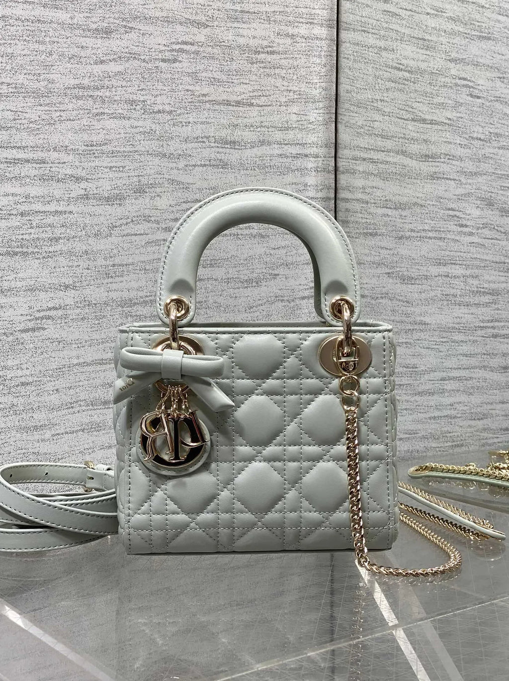 Mini Lady Dior Bag with Chain, M0505 Gray Cannage Lambskin