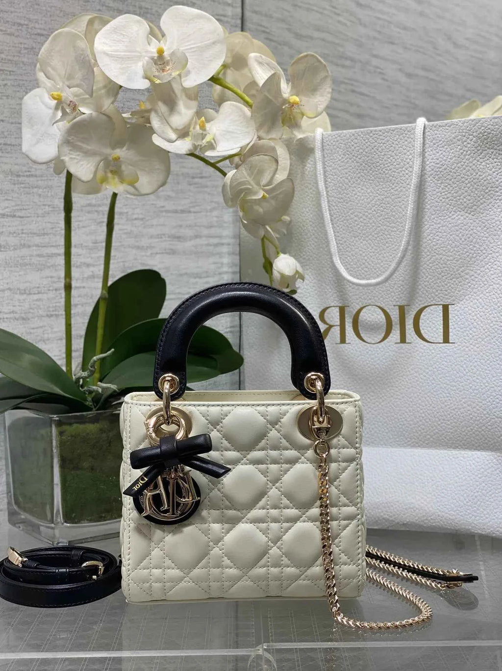 Qixi Mini Lady Dior Bag with Chain, M0505 White and Black Cannage Lambskin