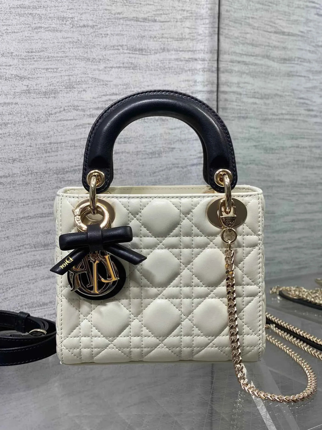 Qixi Mini Lady Dior Bag with Chain, M0505 White and Black Cannage Lambskin