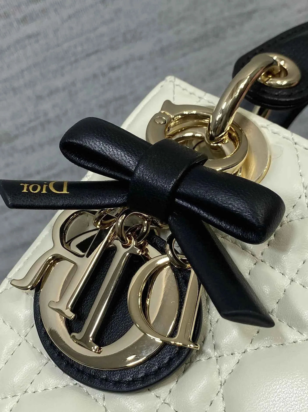 Qixi Mini Lady Dior Bag with Chain, M0505 White and Black Cannage Lambskin