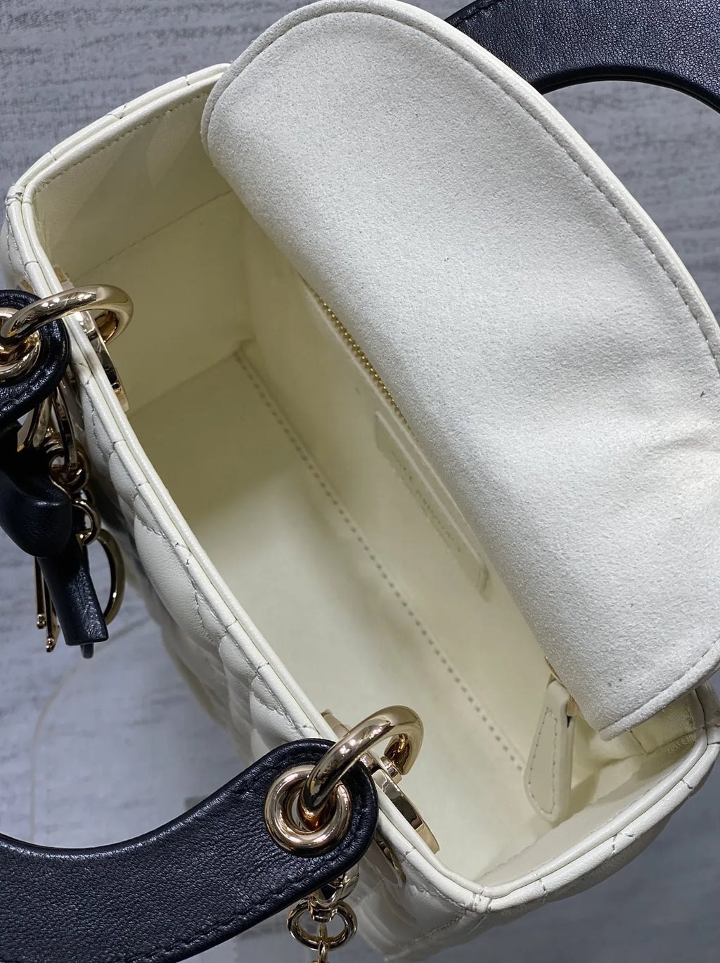 Qixi Mini Lady Dior Bag with Chain, M0505 White and Black Cannage Lambskin