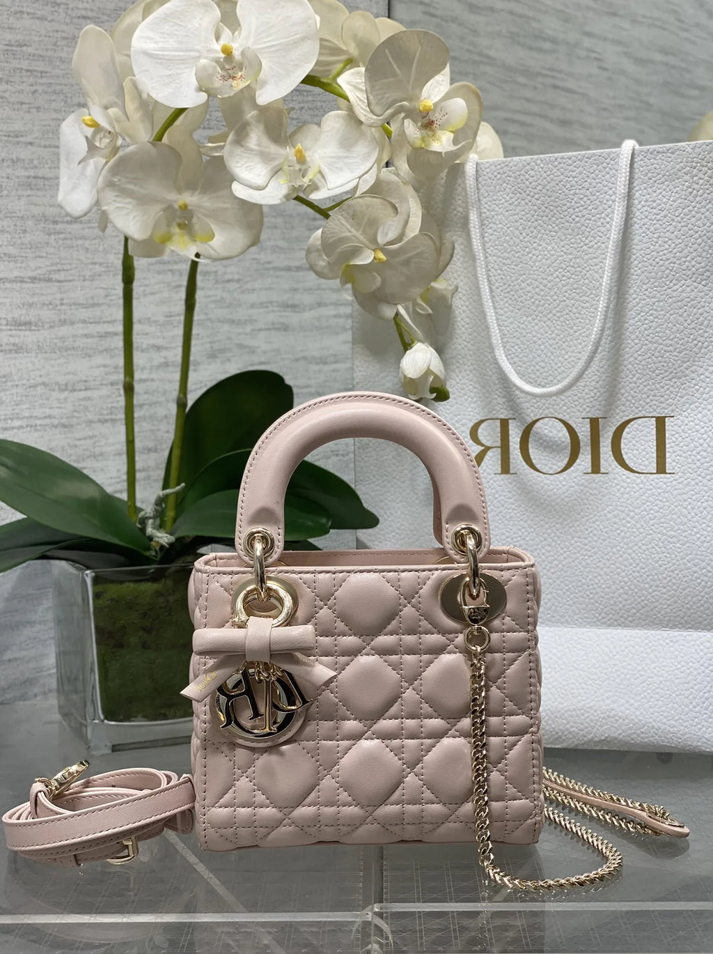 Mini Lady Dior Bag with Chain, M0505 Beige Cannage Lambskin