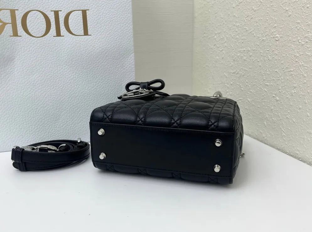 Mini Lady Dior Bag with Chain, M0505 Black Cannage Lambskin Silver