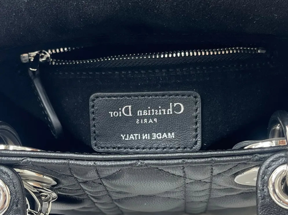 Mini Lady Dior Bag with Chain, M0505 Black Cannage Lambskin Silver