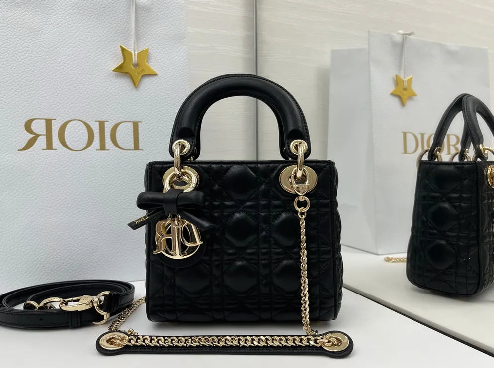 Mini Lady Dior Bag with Chain, M0505 Black Cannage Lambskin Gold