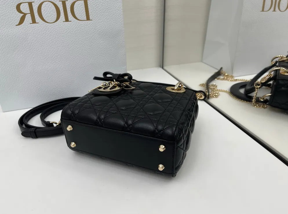 Mini Lady Dior Bag with Chain, M0505 Black Cannage Lambskin Gold