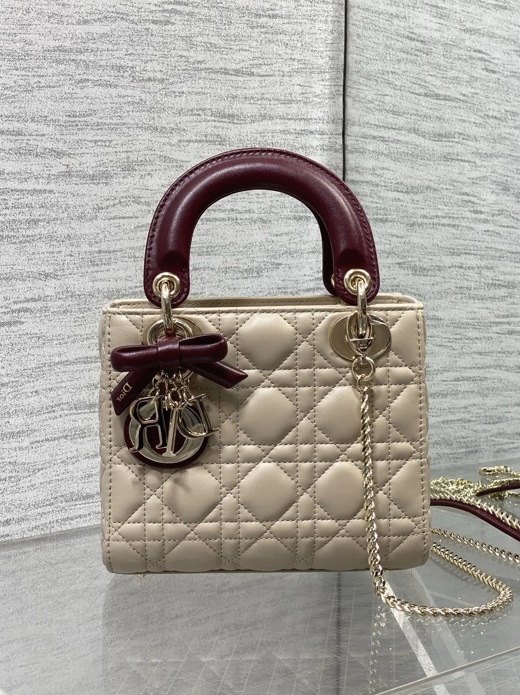 Qixi Mini Lady Dior Bag with Chain, M0505 Apricot and Wine Red Cannage Lambskin
