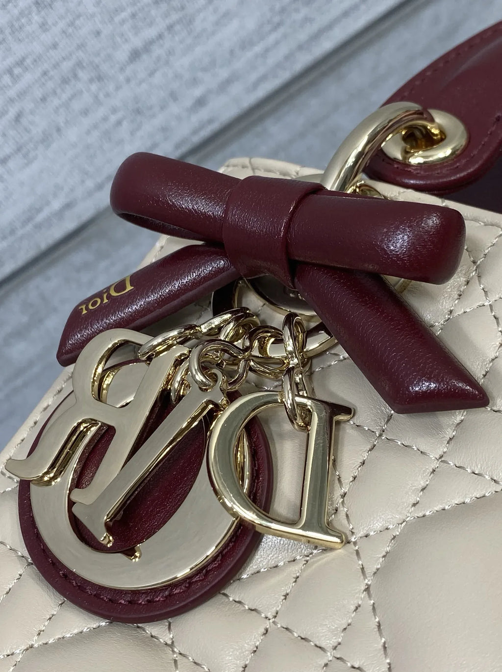 Qixi Mini Lady Dior Bag with Chain, M0505 Apricot and Wine Red Cannage Lambskin