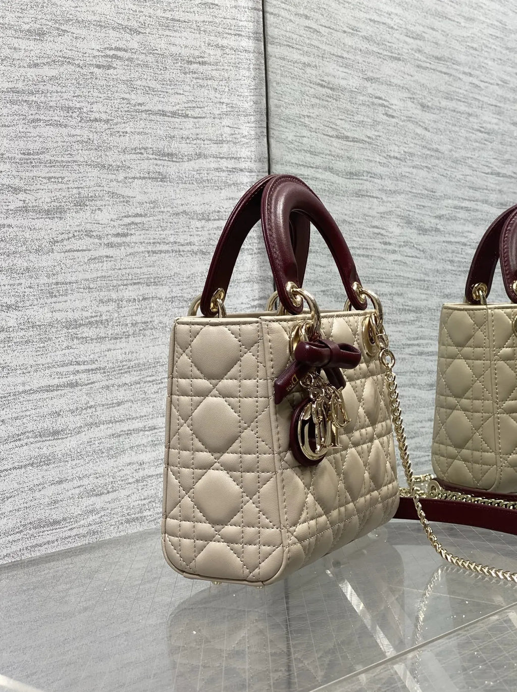 Qixi Mini Lady Dior Bag with Chain, M0505 Apricot and Wine Red Cannage Lambskin