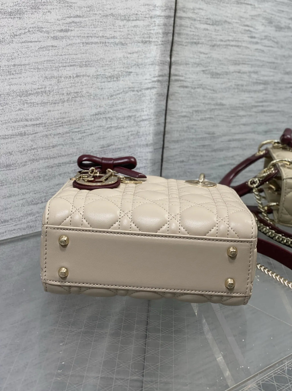Qixi Mini Lady Dior Bag with Chain, M0505 Apricot and Wine Red Cannage Lambskin