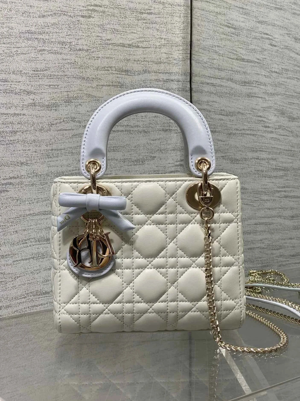 Qixi Mini Lady Dior Bag with Chain, M0505 White and Blue Cannage Lambskin