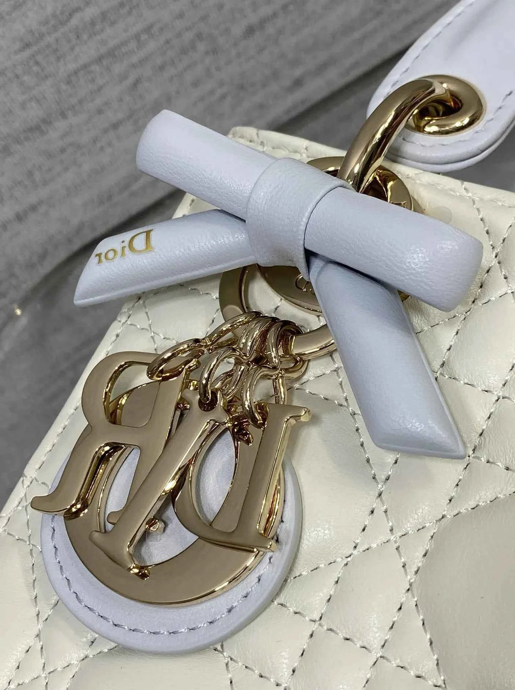 Qixi Mini Lady Dior Bag with Chain, M0505 White and Blue Cannage Lambskin