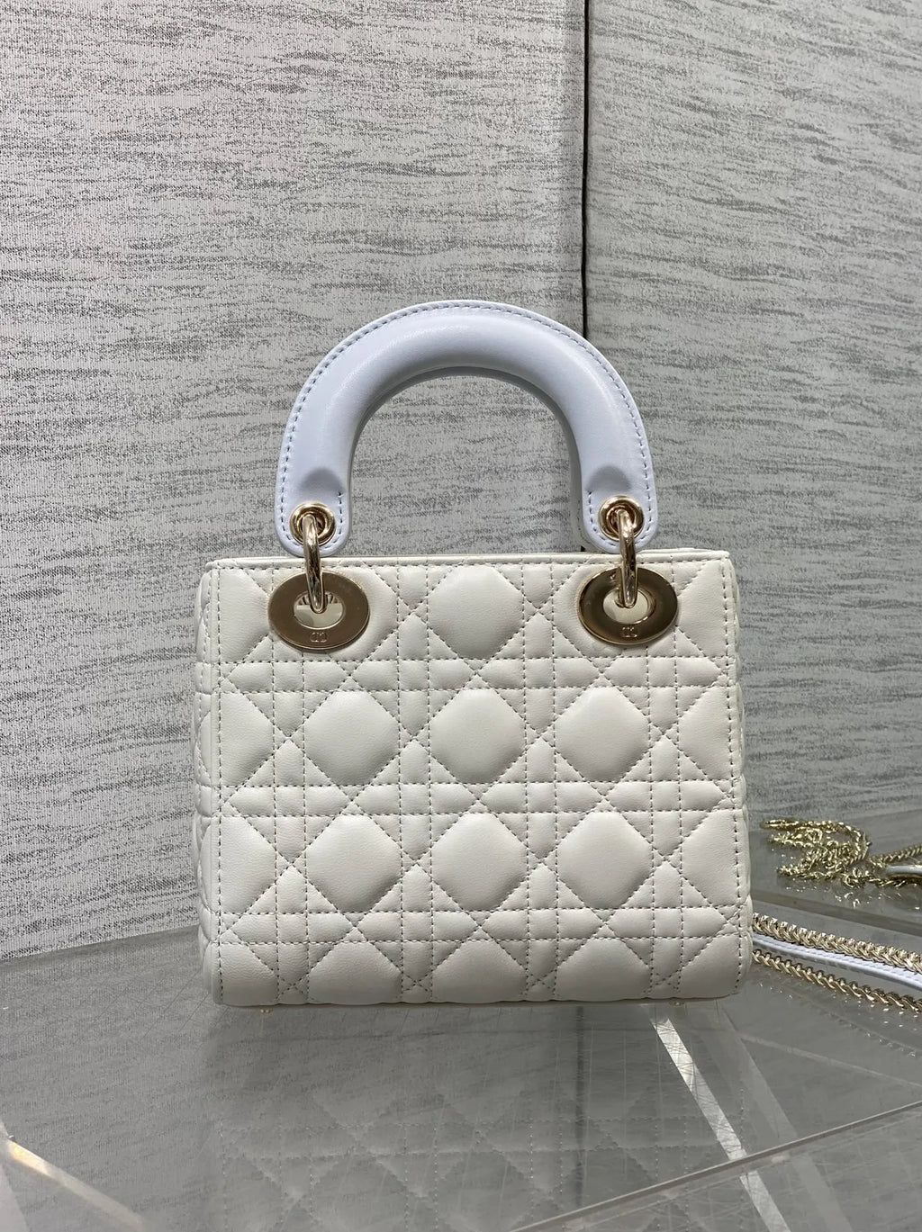 Qixi Mini Lady Dior Bag with Chain, M0505 White and Blue Cannage Lambskin