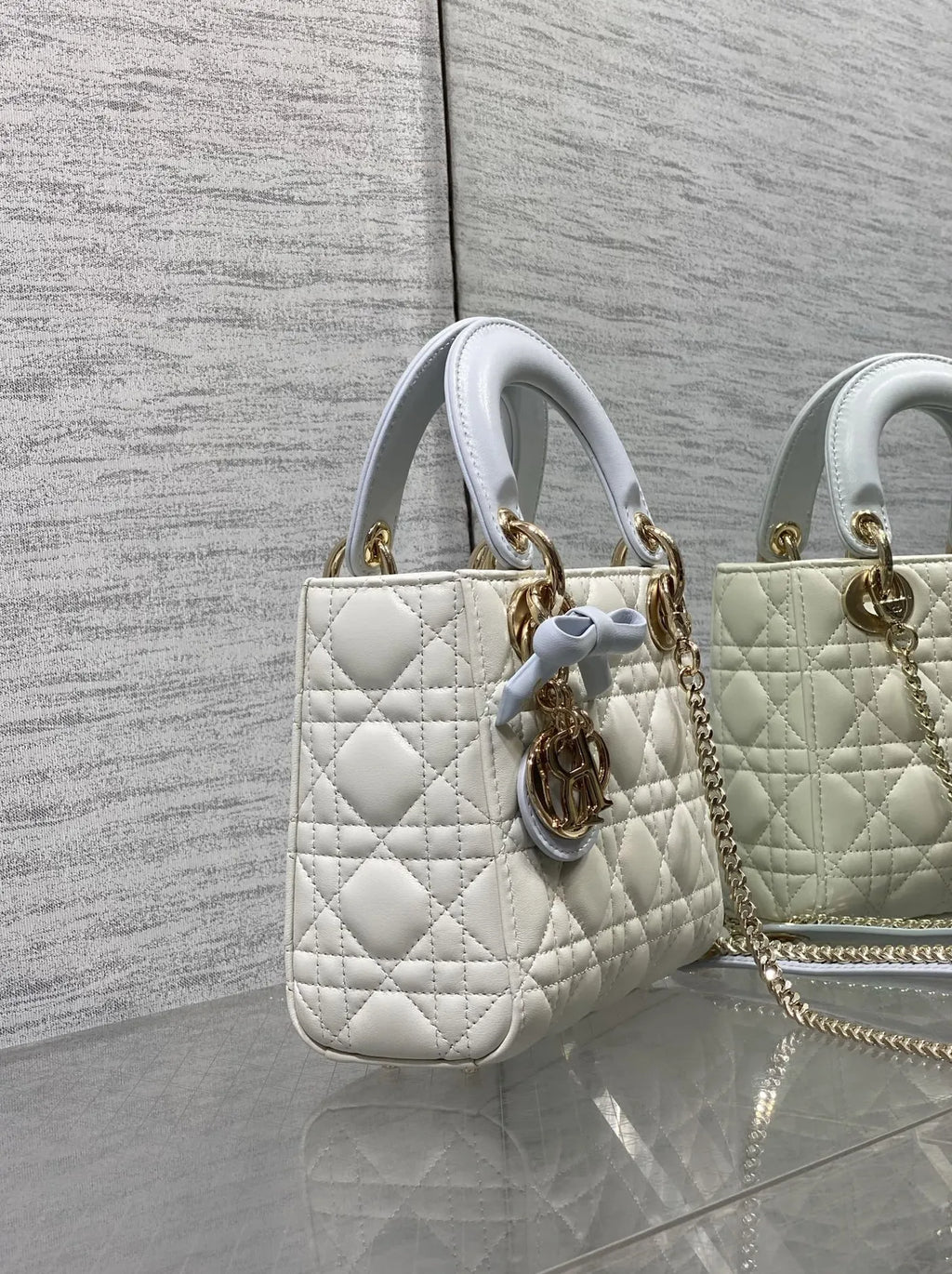 Qixi Mini Lady Dior Bag with Chain, M0505 White and Blue Cannage Lambskin