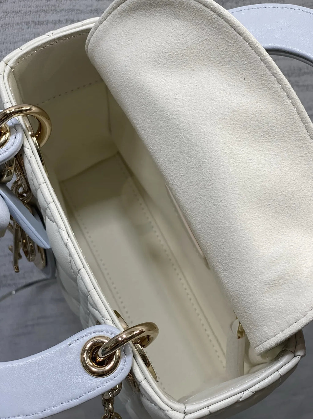 Qixi Mini Lady Dior Bag with Chain, M0505 White and Blue Cannage Lambskin