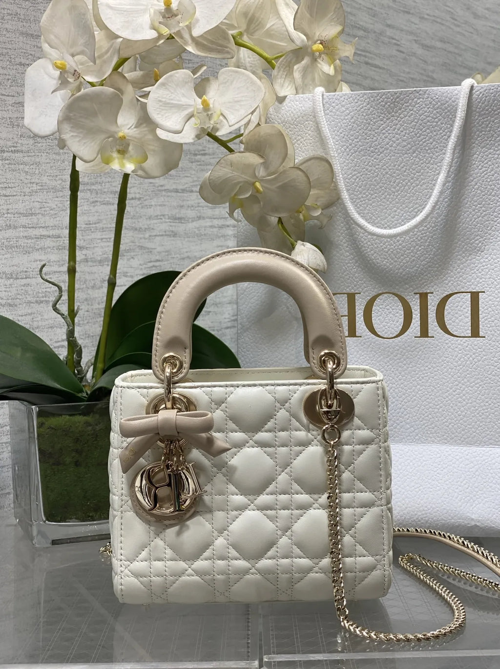 Qixi Mini Lady Dior Bag with Chain, M0505 White and Apricot Cannage Lambskin