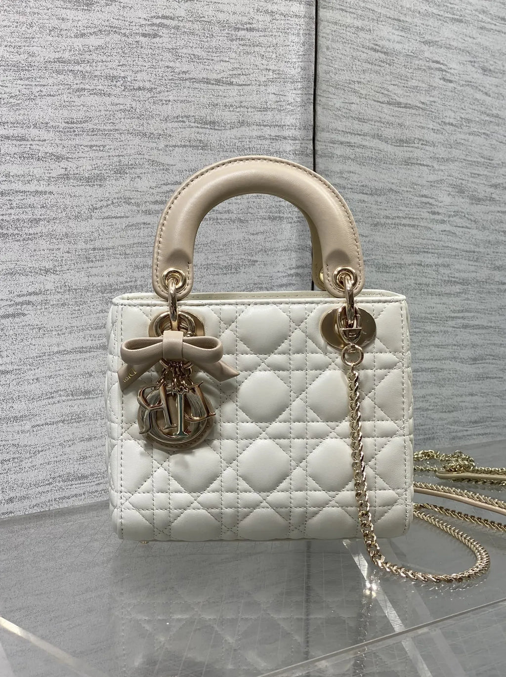 Qixi Mini Lady Dior Bag with Chain, M0505 White and Apricot Cannage Lambskin