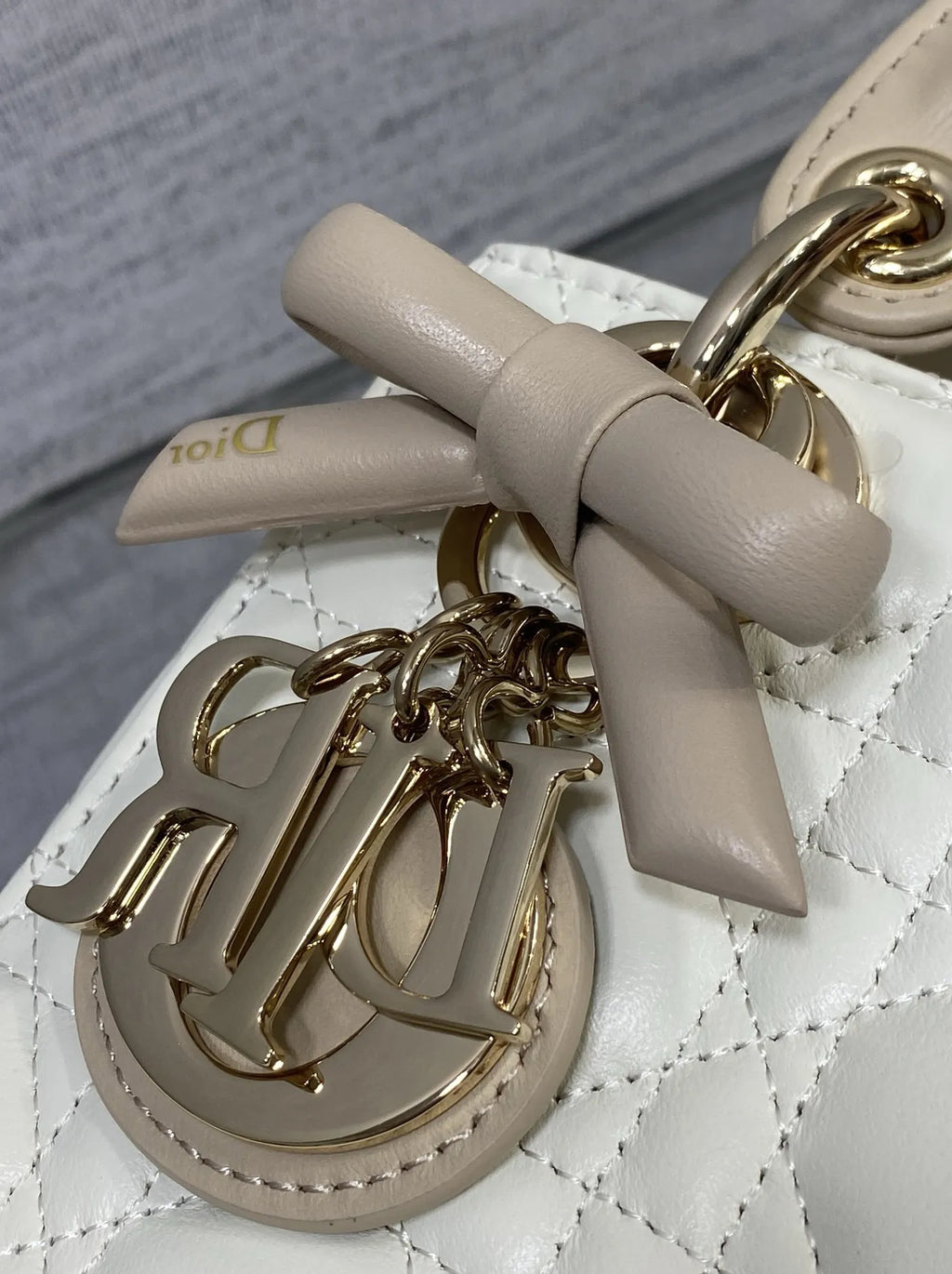 Qixi Mini Lady Dior Bag with Chain, M0505 White and Apricot Cannage Lambskin