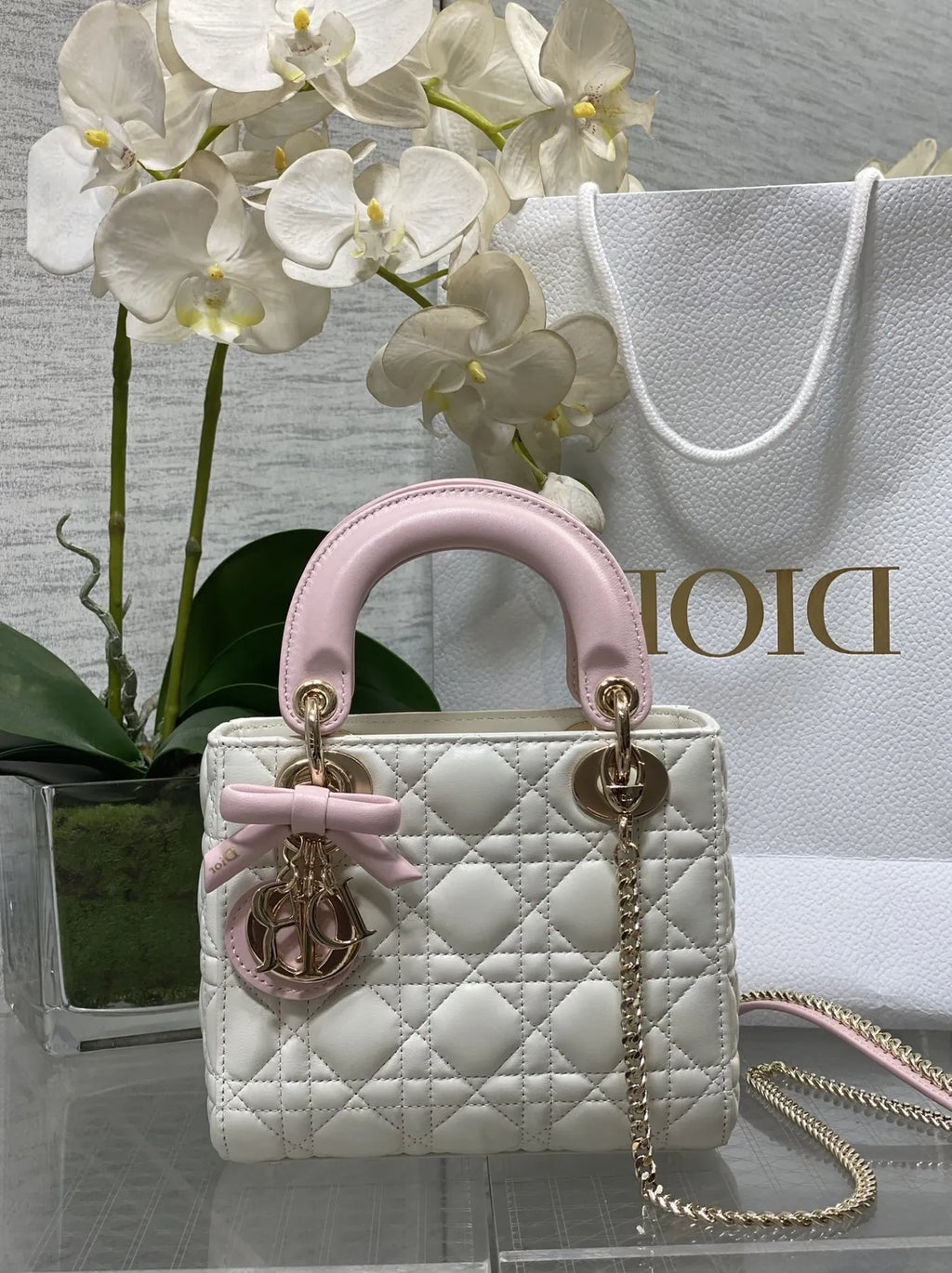 Qixi Mini Lady Dior Bag with Chain, M0505 White and Pink Cannage Lambskin