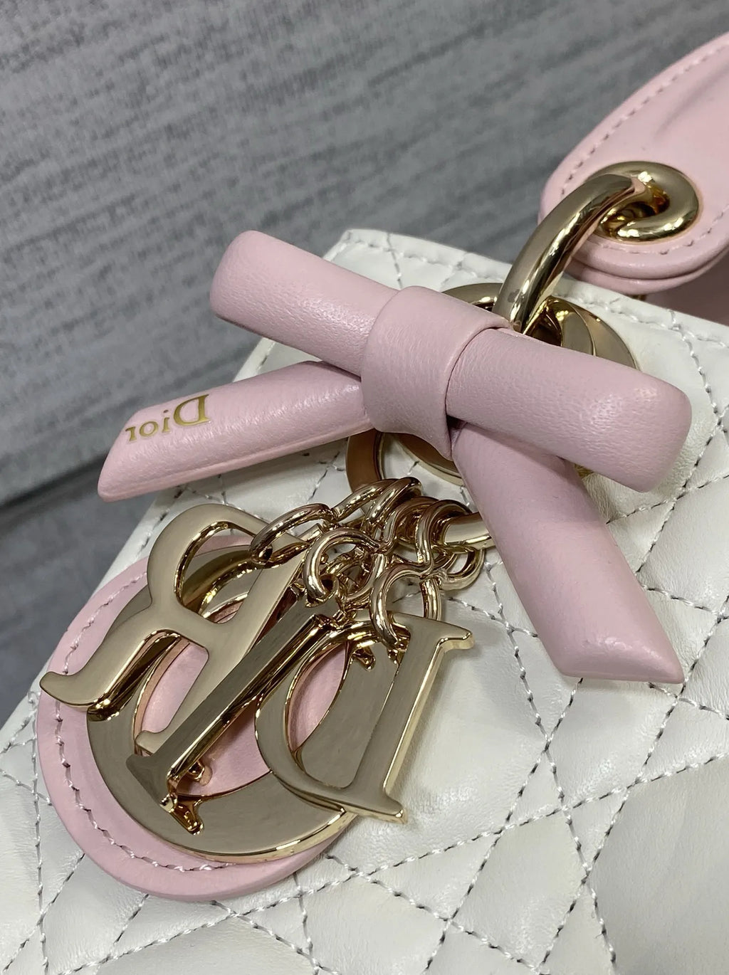 Qixi Mini Lady Dior Bag with Chain, M0505 White and Pink Cannage Lambskin
