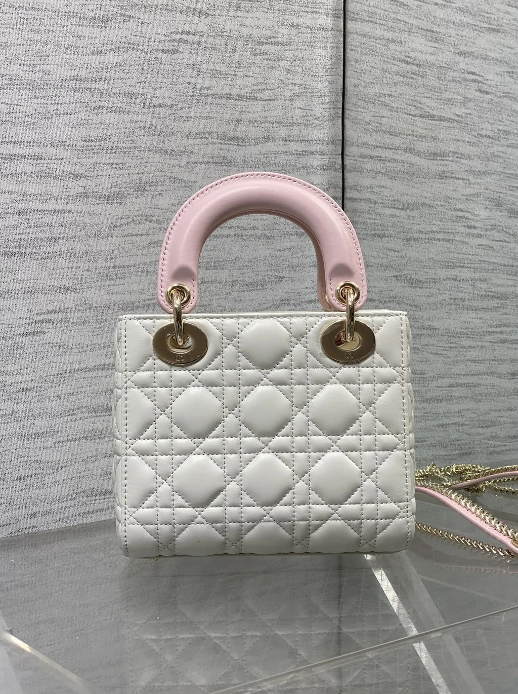 Qixi Mini Lady Dior Bag with Chain, M0505 White and Pink Cannage Lambskin