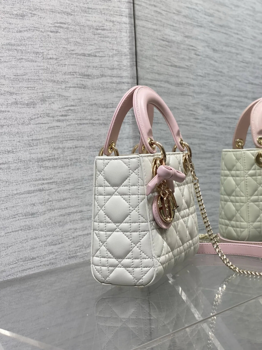 Qixi Mini Lady Dior Bag with Chain, M0505 White and Pink Cannage Lambskin