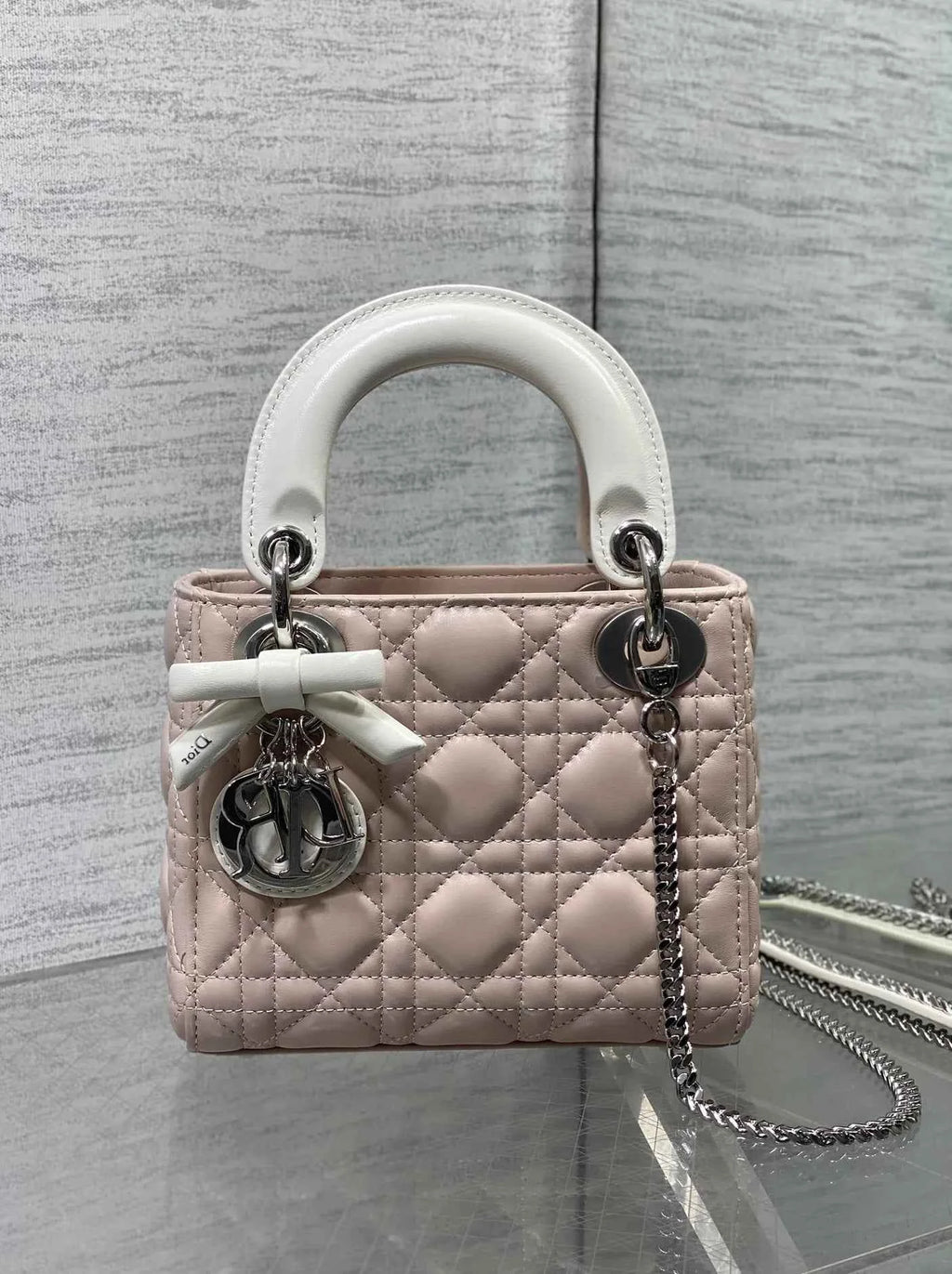 Qixi Mini Lady Dior Bag with Chain, M0505 Pink and White Cannage Lambskin