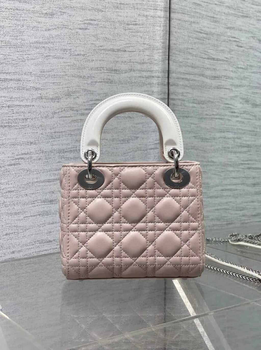 Qixi Mini Lady Dior Bag with Chain, M0505 Pink and White Cannage Lambskin